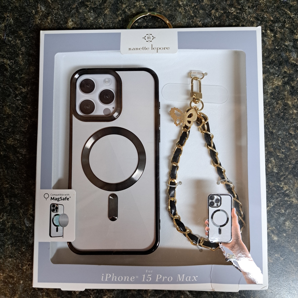 Nanette Lepore Clear iPhone 15 Pro Max Case with Black And Gold Wristlet